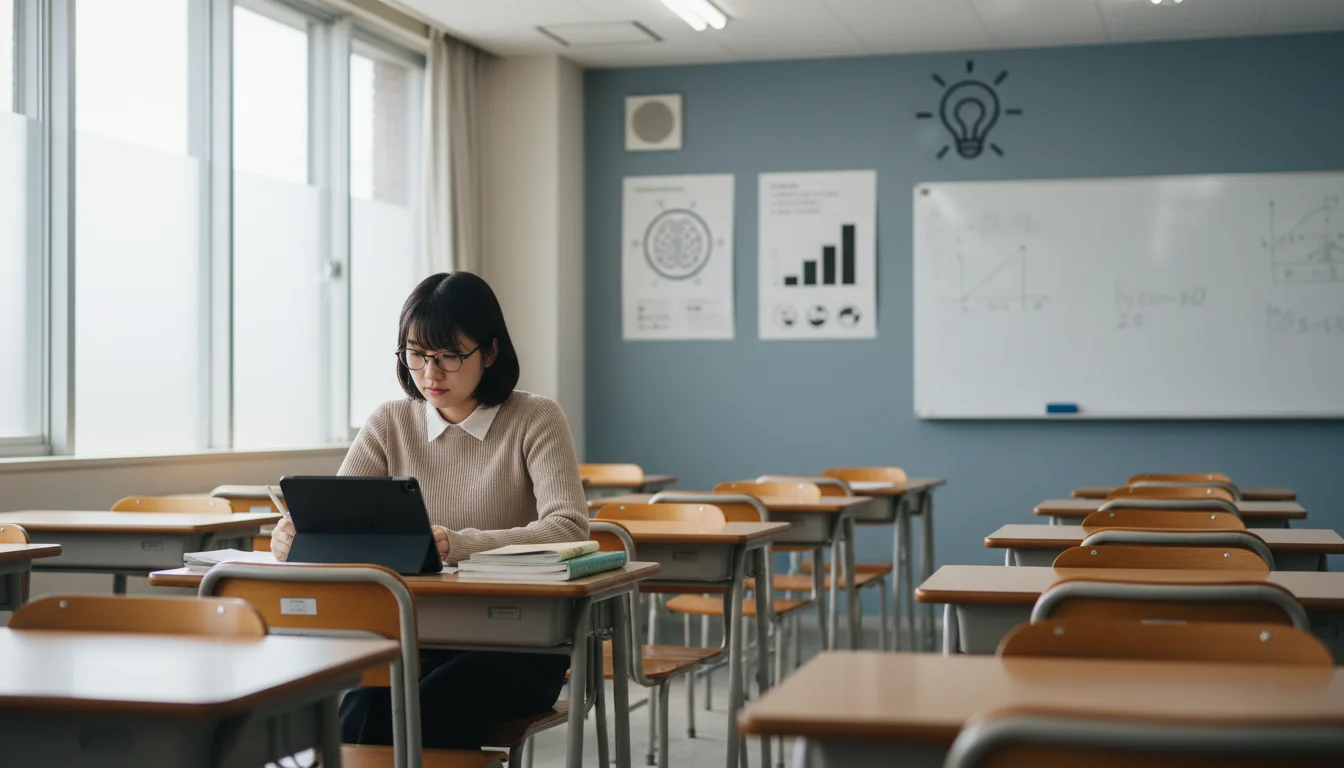 A focused Japanese high school student using a tablet in a clean, modern Japanese cram school environment. The screen displays an AI-driven adaptive learning interface with progress charts and personalized study paths.