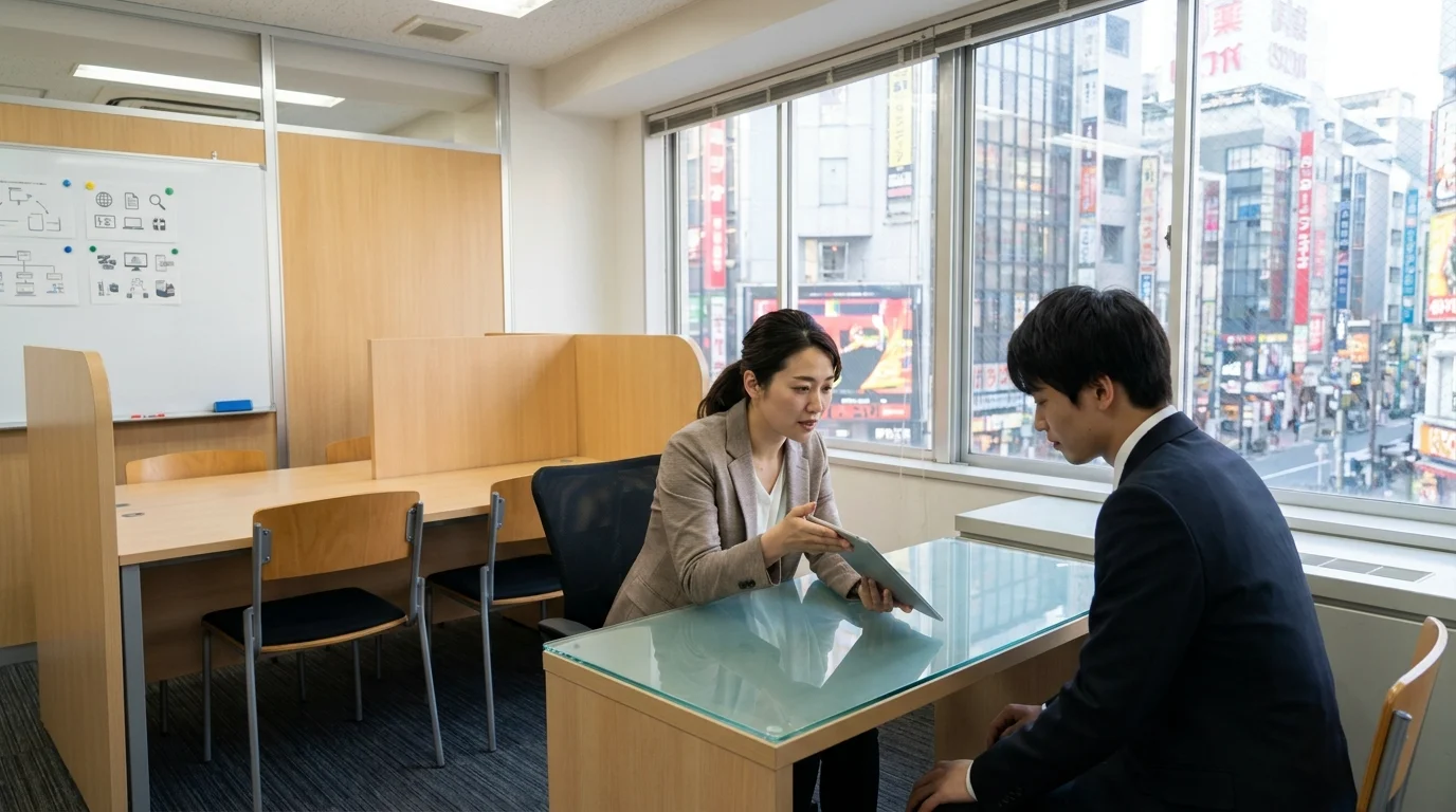 A professional Japanese instructor providing personalized coaching to a Japanese student in a bright, contemporary Tokyo office setting. They are looking at a data-rich tablet screen together, discussing learning analytics.