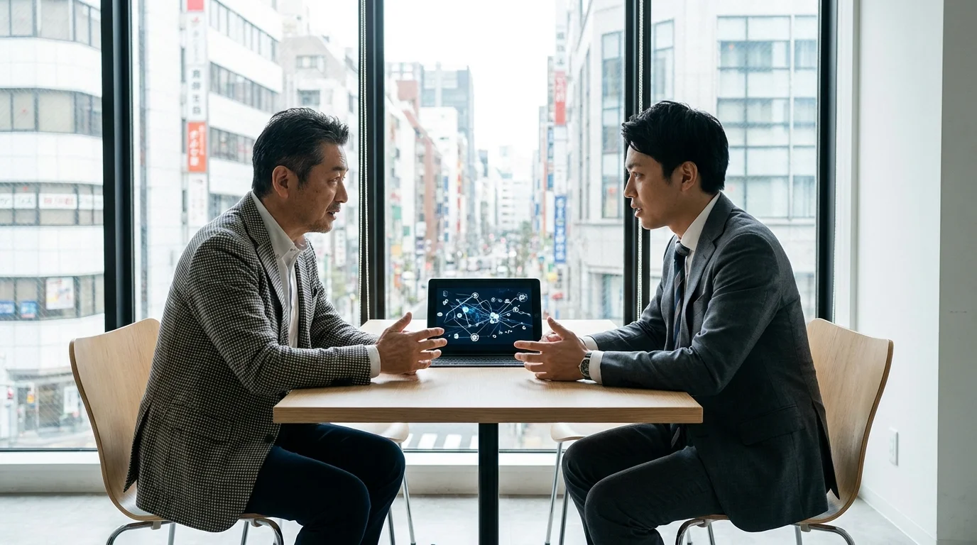 Three Japanese executives in a modern Tokyo office discussing a demand forecasting report, looking at a tablet screen showing optimized shift schedules based on AI predictions.