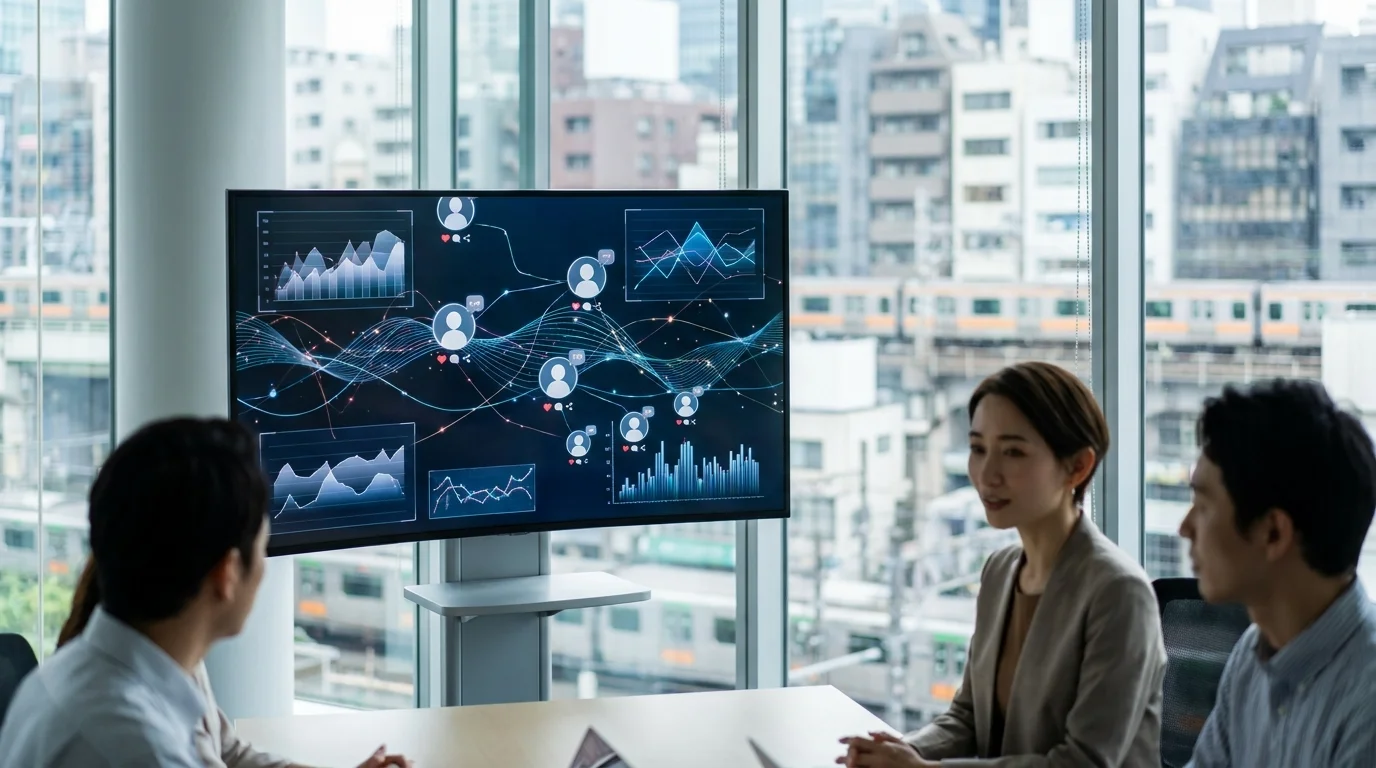 A high-tech digital dashboard displaying real-time social media data streams with complex data visualizations, glowing blue nodes representing information retrieval patterns, and futuristic charts indicating predictive trend analysis in a sleek, dark-themed interface, symbolizing the integration of RAG technology in social listening.