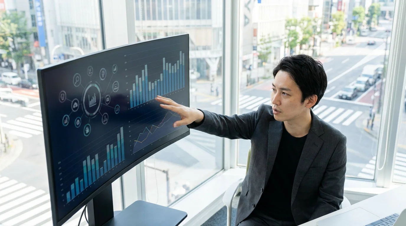 A professional Japanese data analyst sitting in a modern Tokyo office, focusing on a large monitor displaying complex network graphs and real-time social media sentiment analysis charts, with soft morning light reflecting off the glass partitions, illustrating the human-AI collaboration in trend forecasting.
