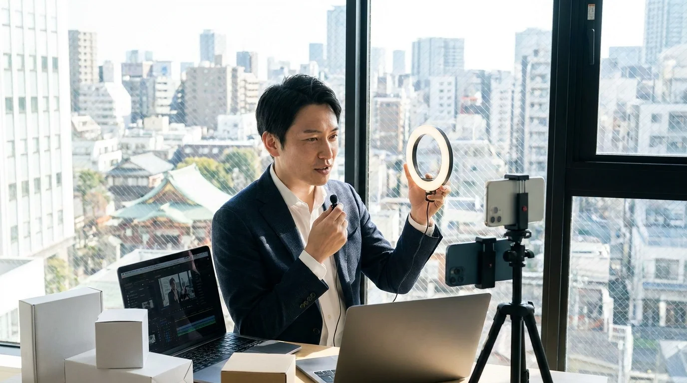 A group of Japanese business professionals in a bright, contemporary conference room, looking at a digital screen showing an AI-generated SNS marketing roadmap, with a Japanese executive pointing at a specific data point, emphasizing strategic decision-making based on AI insights.