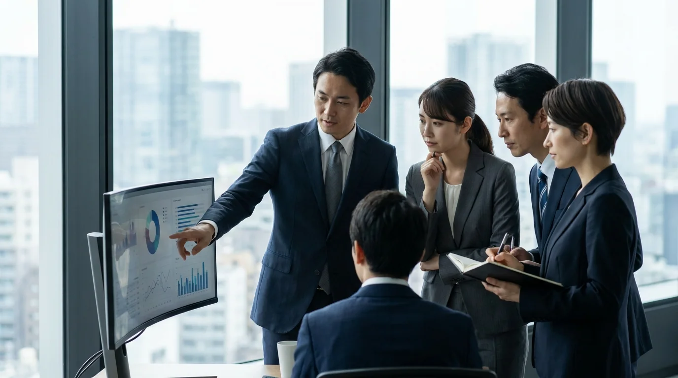 A group of Japanese data analysts in a modern Tokyo office, focused on a large screen showing multiple AI-generated ad variations and performance heatmaps. They are discussing strategic optimization while wearing professional Japanese business attire.