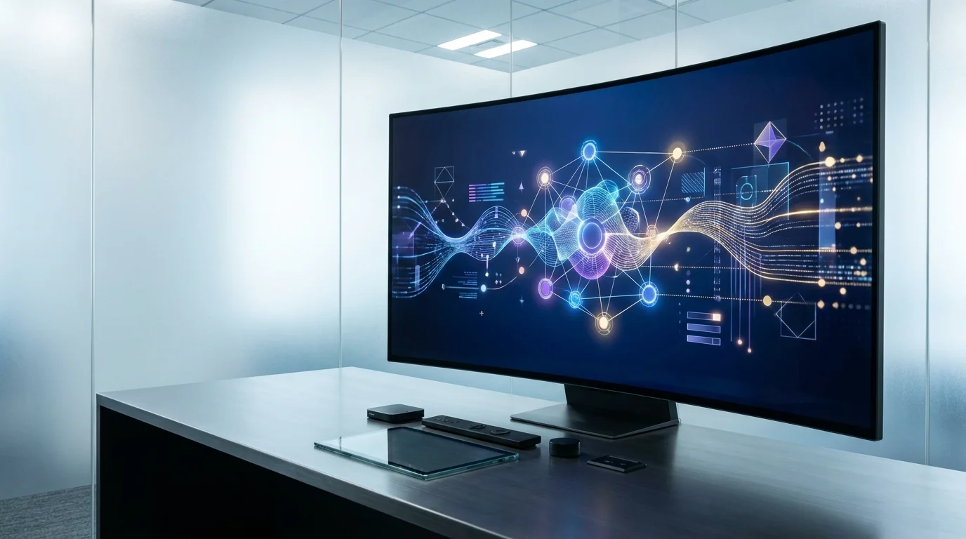 A conceptual visualization of data flow representing an AI agent. It shows glowing nodes of information connecting creative assets, performance metrics, and automated decision-making paths in a high-tech digital environment.