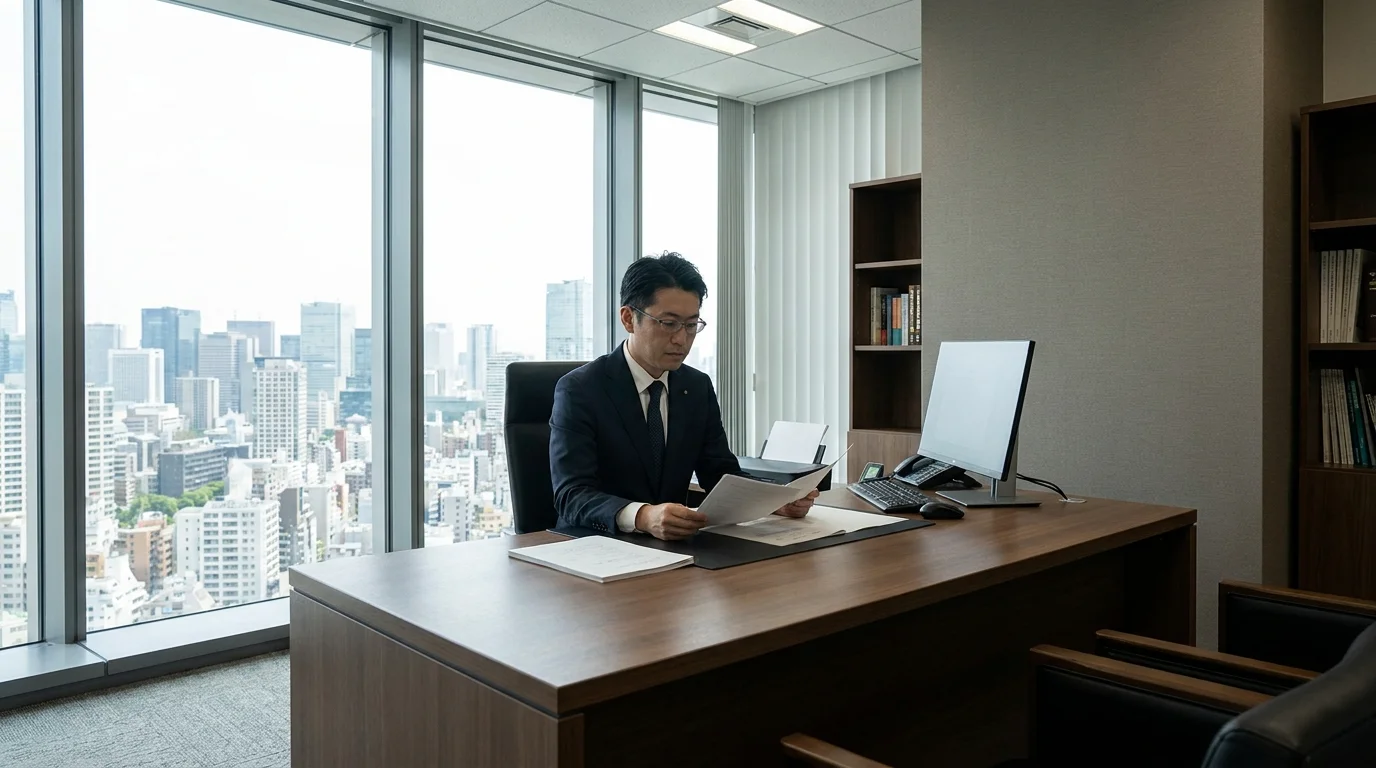 A professional Japanese legal expert reviewing digital documents on a tablet in a modern office with high-rise buildings visible through the window.
