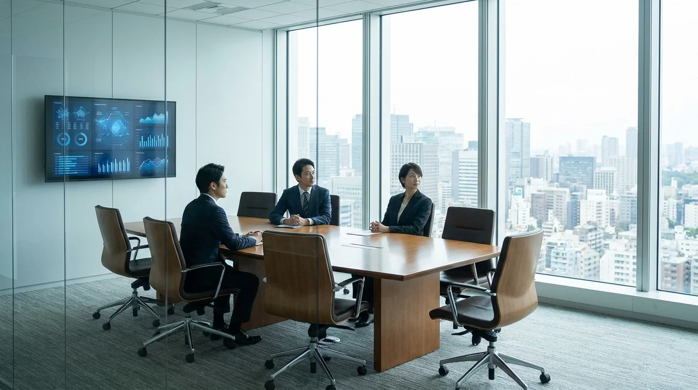 Professional Japanese business executives in a modern Tokyo office looking at a large screen displaying AI-driven data visualizations and automated scheduling workflows.