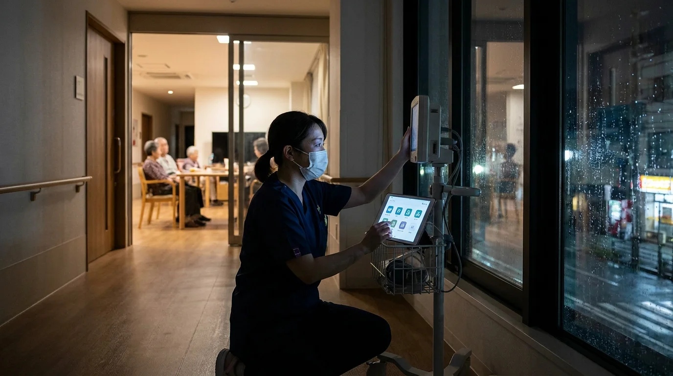 A sophisticated data visualization of a Japanese nursing facility monitoring system. The screen shows skeletal line art of a Japanese person moving from a bed, with risk probability percentages and real-time alerts being processed by an AI engine to prevent falls.