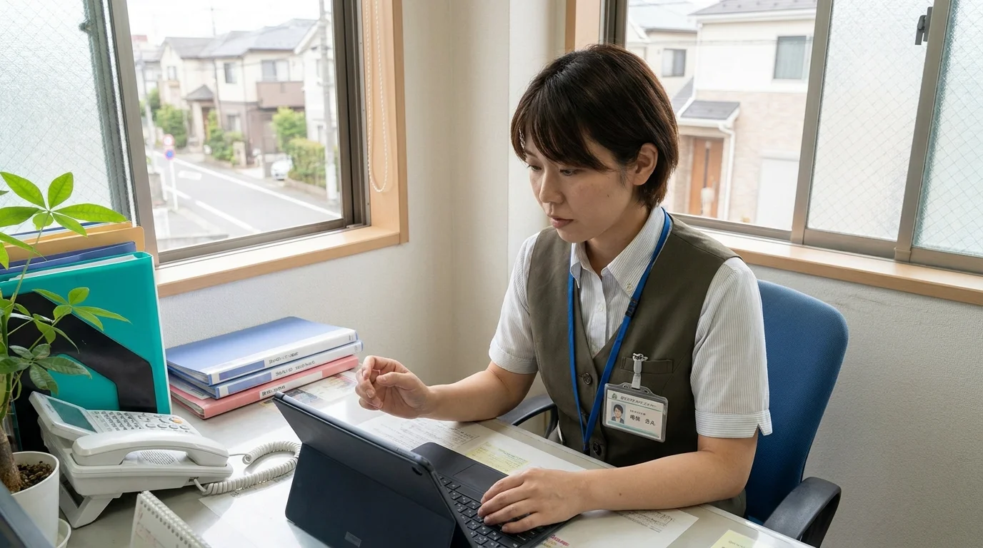 A Japanese care manager in a professional uniform looking at a tablet PC in a modern office. The screen displays a management dashboard with KPI charts showing a downward trend in staff turnover and an upward trend in resident satisfaction scores.