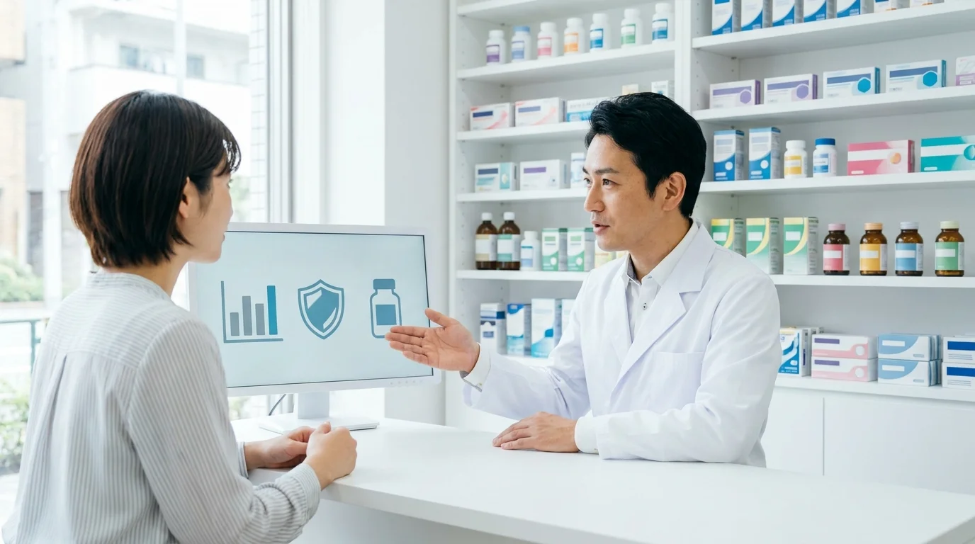 A professional Japanese pharmacist in a modern Tokyo pharmacy using a tablet to explain medication interactions to a Japanese senior patient, with AI-driven charts visible on the screen.