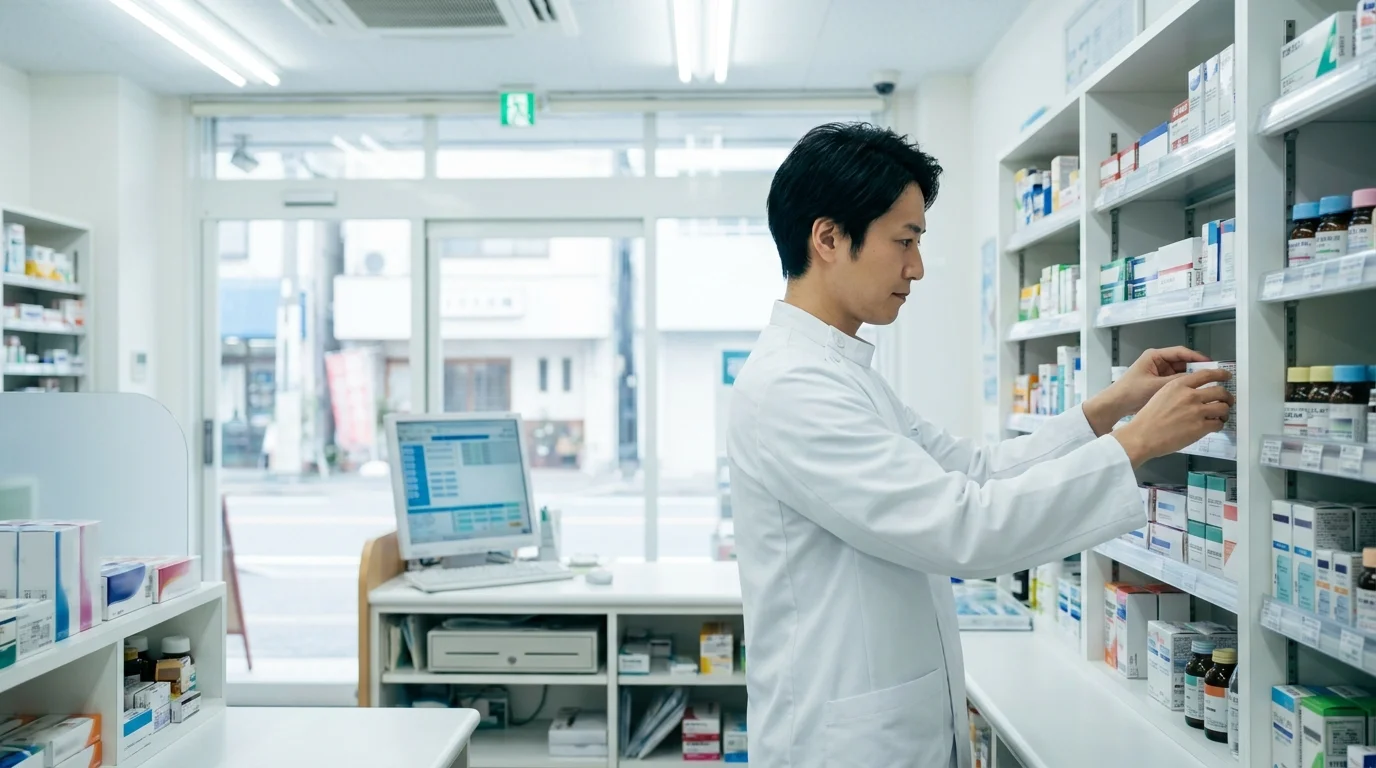 A clean, minimalist visualization of medical data networks and cloud computing security, representing the robust safety management systems used in Japanese pharmacies to prevent medication errors.