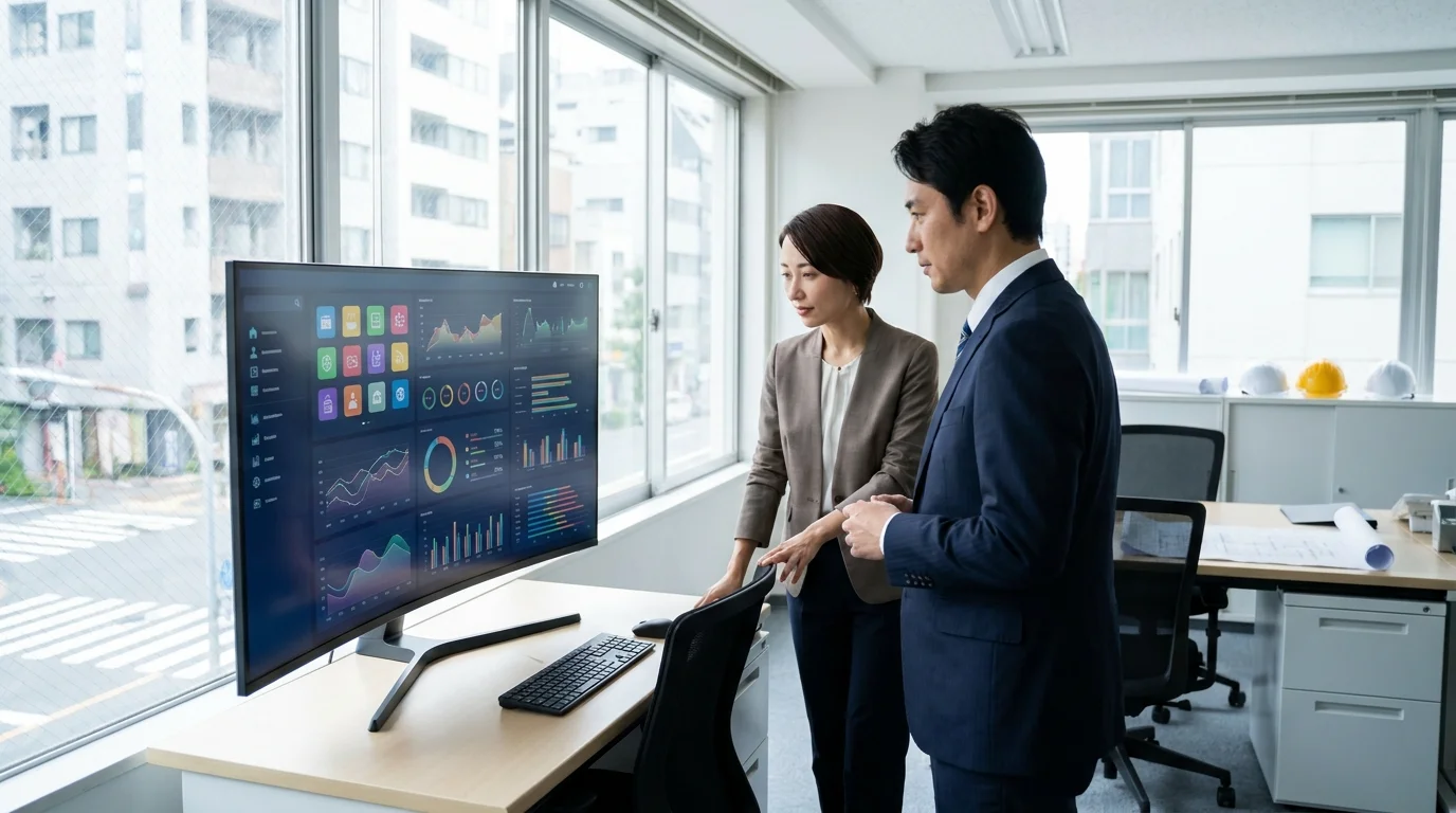 A sophisticated digital dashboard showing real-time construction safety analytics on a large monitor in a Japanese site office. The screen displays heat maps of worker movements, safety compliance percentages, and alert logs. A Japanese site manager in a clean uniform is looking at the screen, analyzing data to improve site safety protocols.