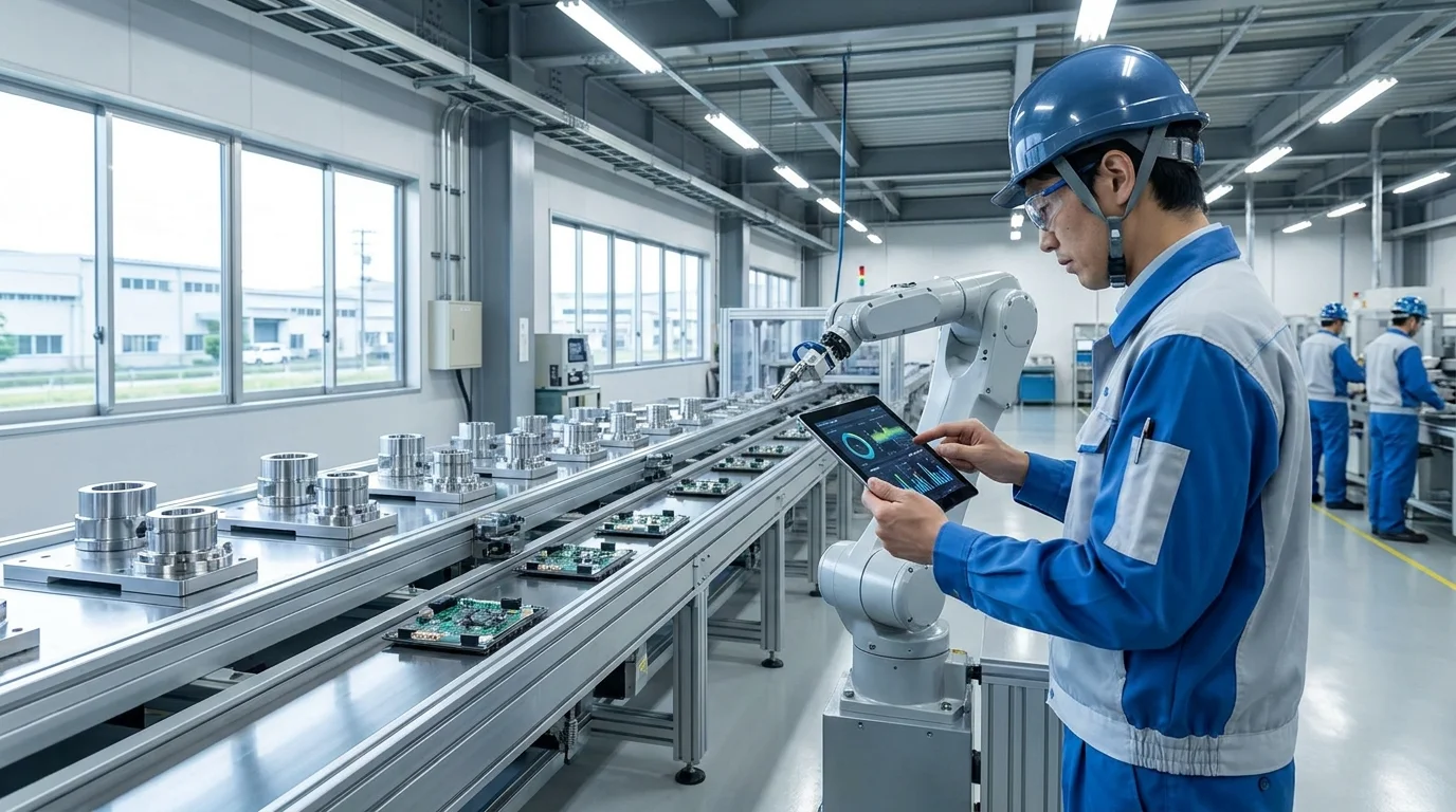 Two Japanese engineers in a clean, modern factory setting looking at a tablet screen that displays real-time AI inspection results for precision machinery components on a conveyor belt.
