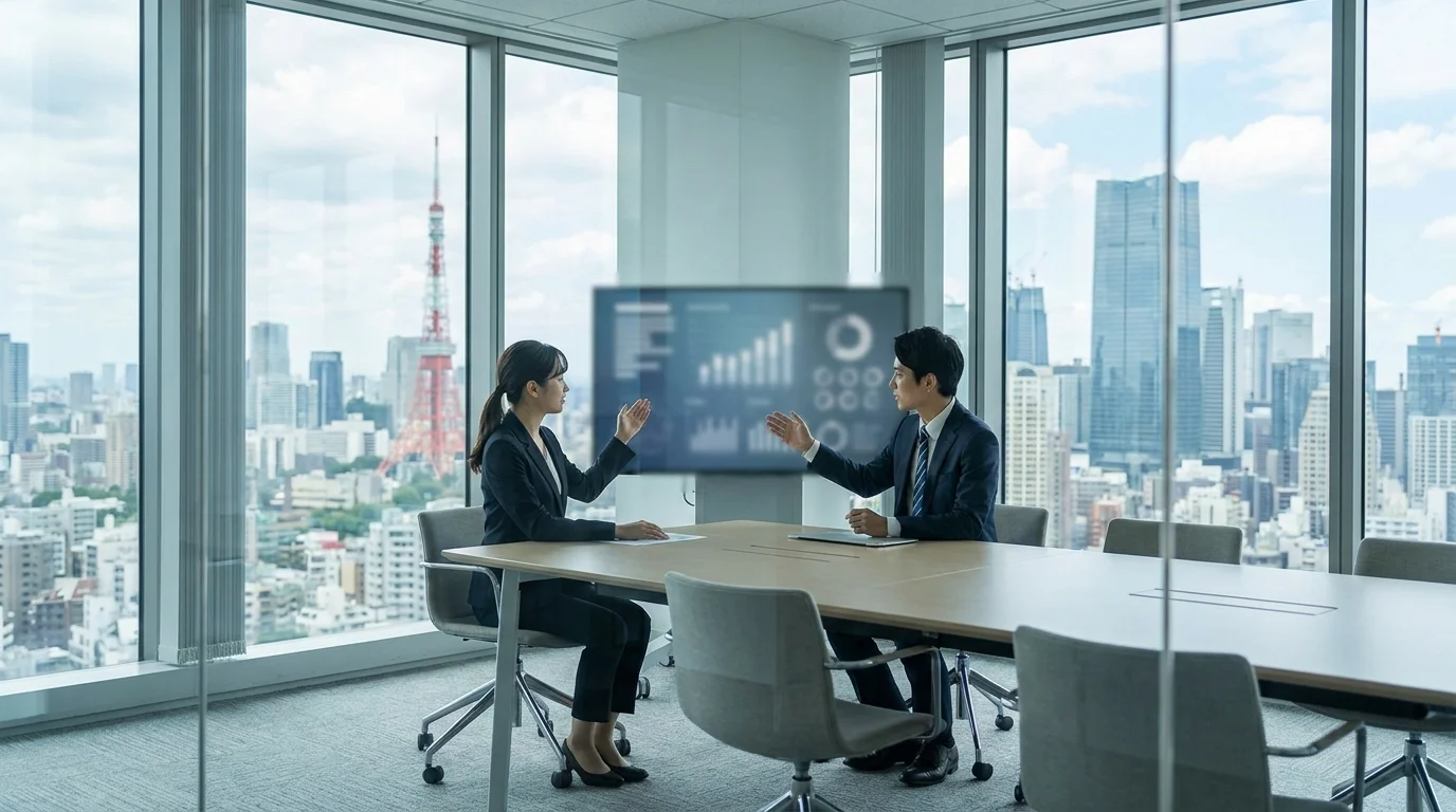 Japanese legal professionals working in a modern Tokyo office, looking at data-heavy screens and discussing case strategies based on AI-generated research results. The environment is professional and technologically advanced.