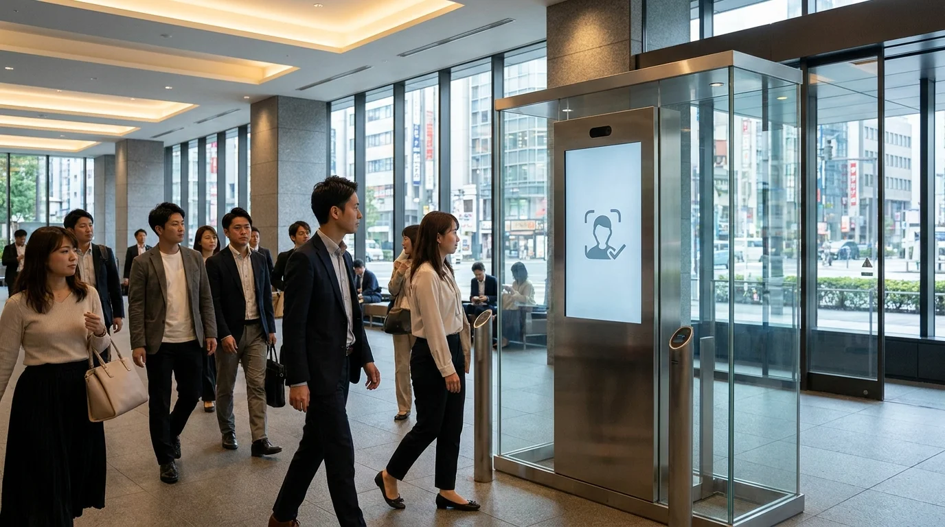A sophisticated real-time data visualization dashboard showing event attendance metrics and facial recognition matching speed. The interface displays line charts and heatmaps indicating peak flow times in a Japanese convention center, with high-resolution data points reflecting sub-second processing latency.