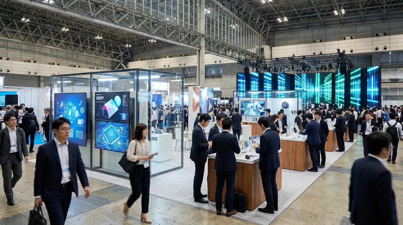 A focused Japanese IT specialist monitoring a bank of screens displaying encrypted facial recognition data streams. The Japanese professional is dressed in business casual attire, working in a sleek, high-tech control room environment that emphasizes security and operational excellence during a large-scale Tokyo tech summit.