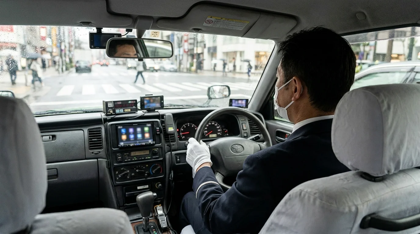A sophisticated Japanese data analyst in a modern control center monitoring large-scale digital displays. The screens show real-time heatmap visualizations of Tokyo's traffic flow and passenger demand clusters, using advanced AI-driven predictive modeling software.