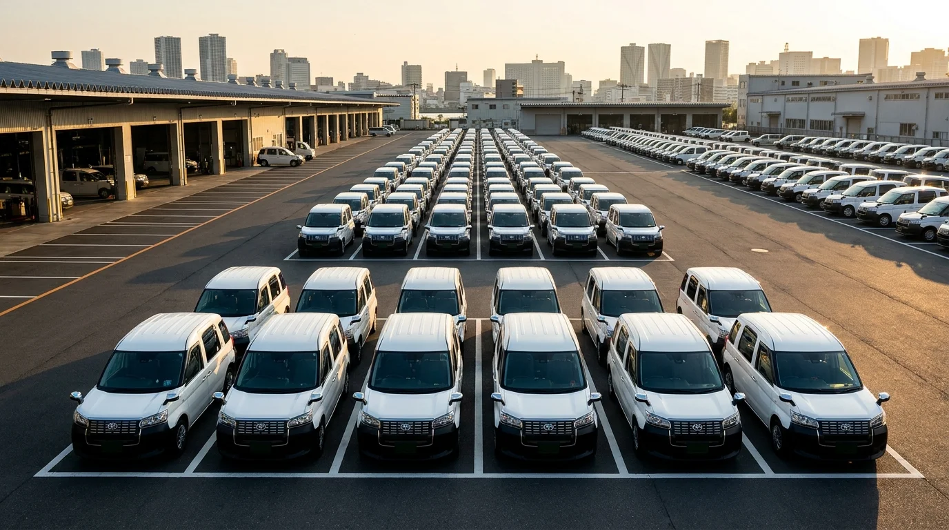 An overhead view of an organized fleet of Japanese taxi vehicles parked in a structured grid at a terminal. Modern sensors and data collection devices are visible on the infrastructure, symbolizing the integration of physical assets with digital demand forecasting systems.