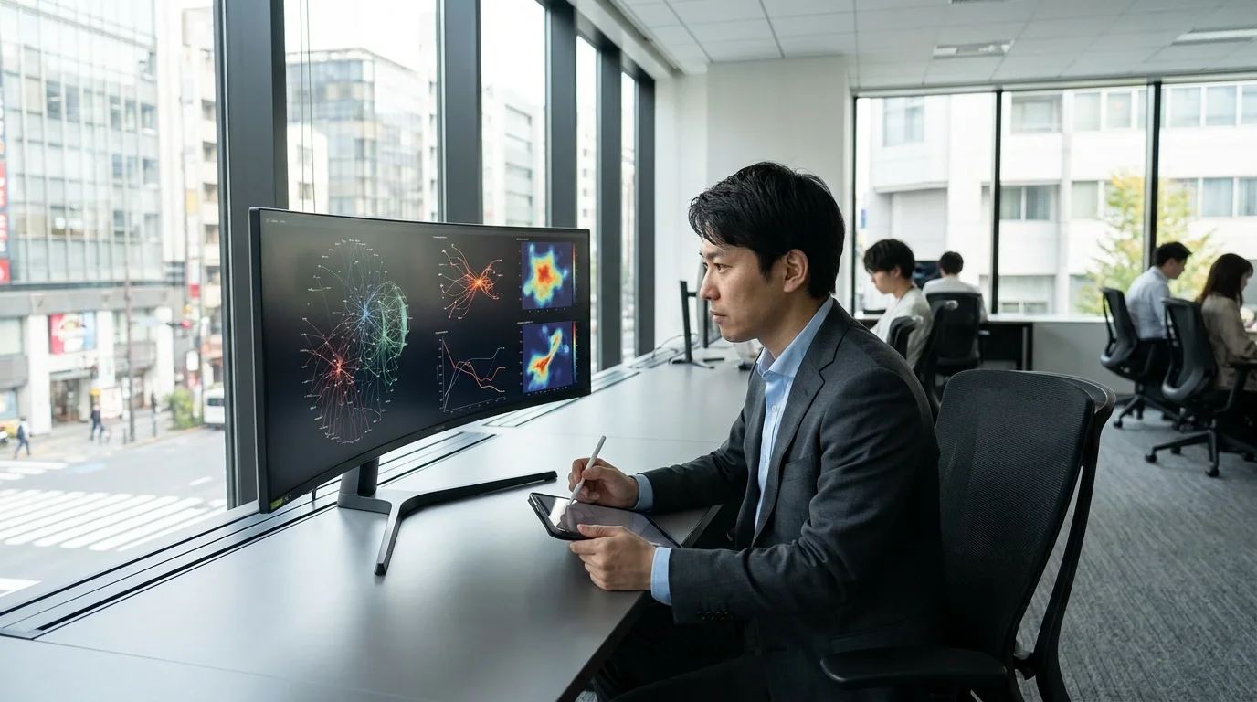 A professional Japanese data scientist working on a laptop in a modern Tokyo office, focusing on a screen displaying complex natural language processing algorithms and text classification structures.