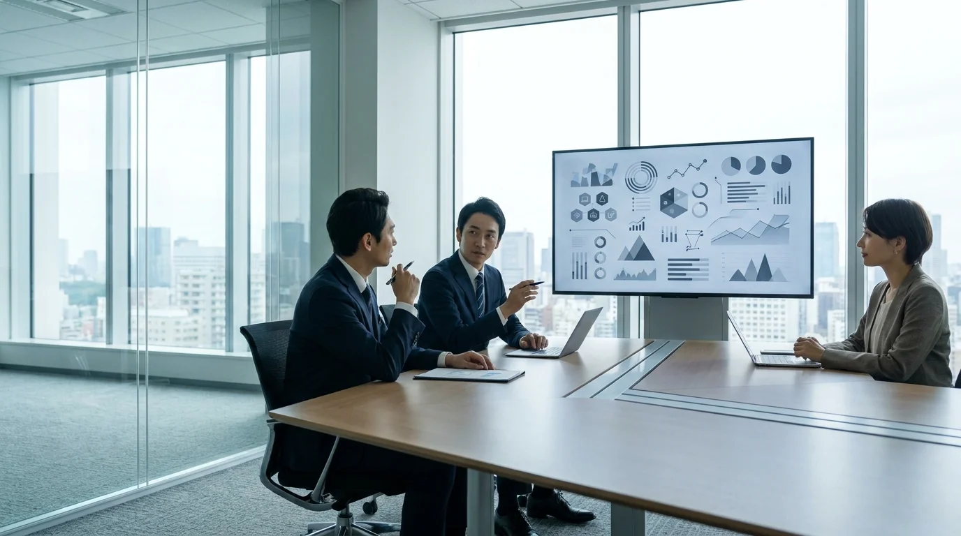 A close-up of a digital tablet showing a product roadmap and priority matrix, with a Japanese executive's hand pointing to a specific data point during a strategic meeting in a bright Japanese boardroom.
