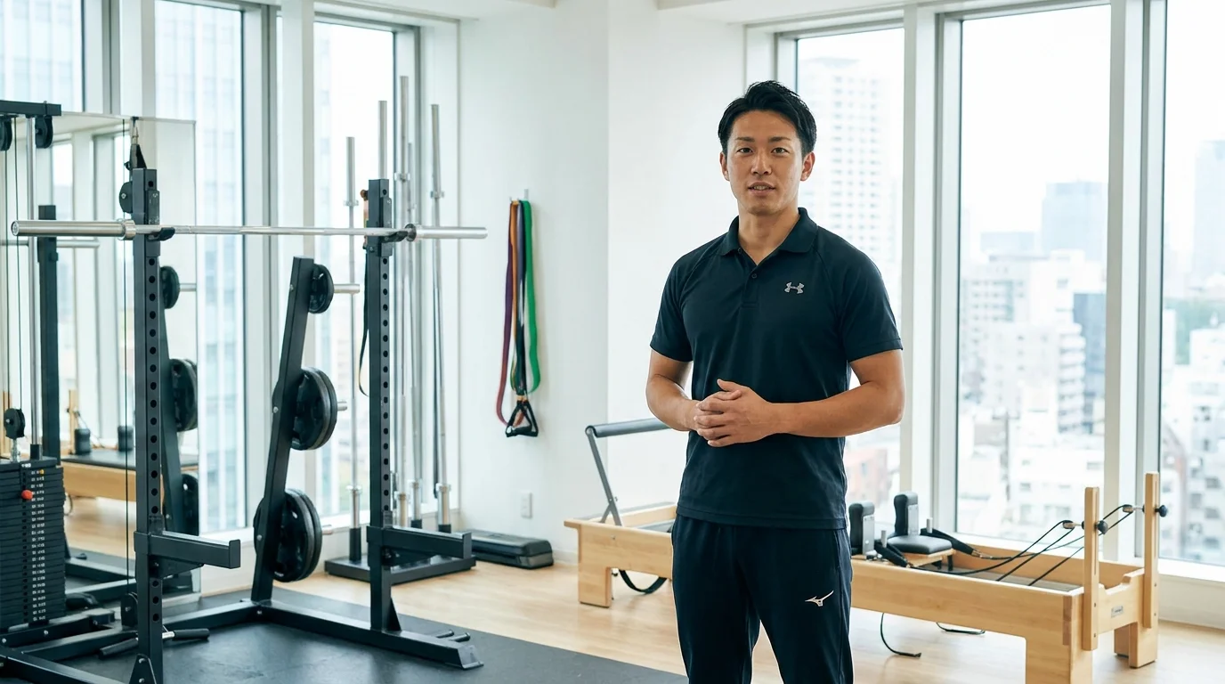 A Japanese trainer in a professional athletic uniform uses a tablet to show a Japanese gym member their skeletal alignment data. They are standing in a bright, modern Japanese fitness studio with minimalist equipment.
