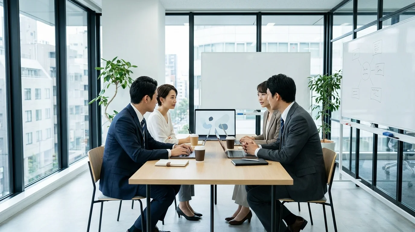 A Japanese data scientist analyzing complex waveform data and natural language processing results on a large curved monitor in a minimalist Tokyo office, ensuring the accuracy of AI-driven interview metrics.