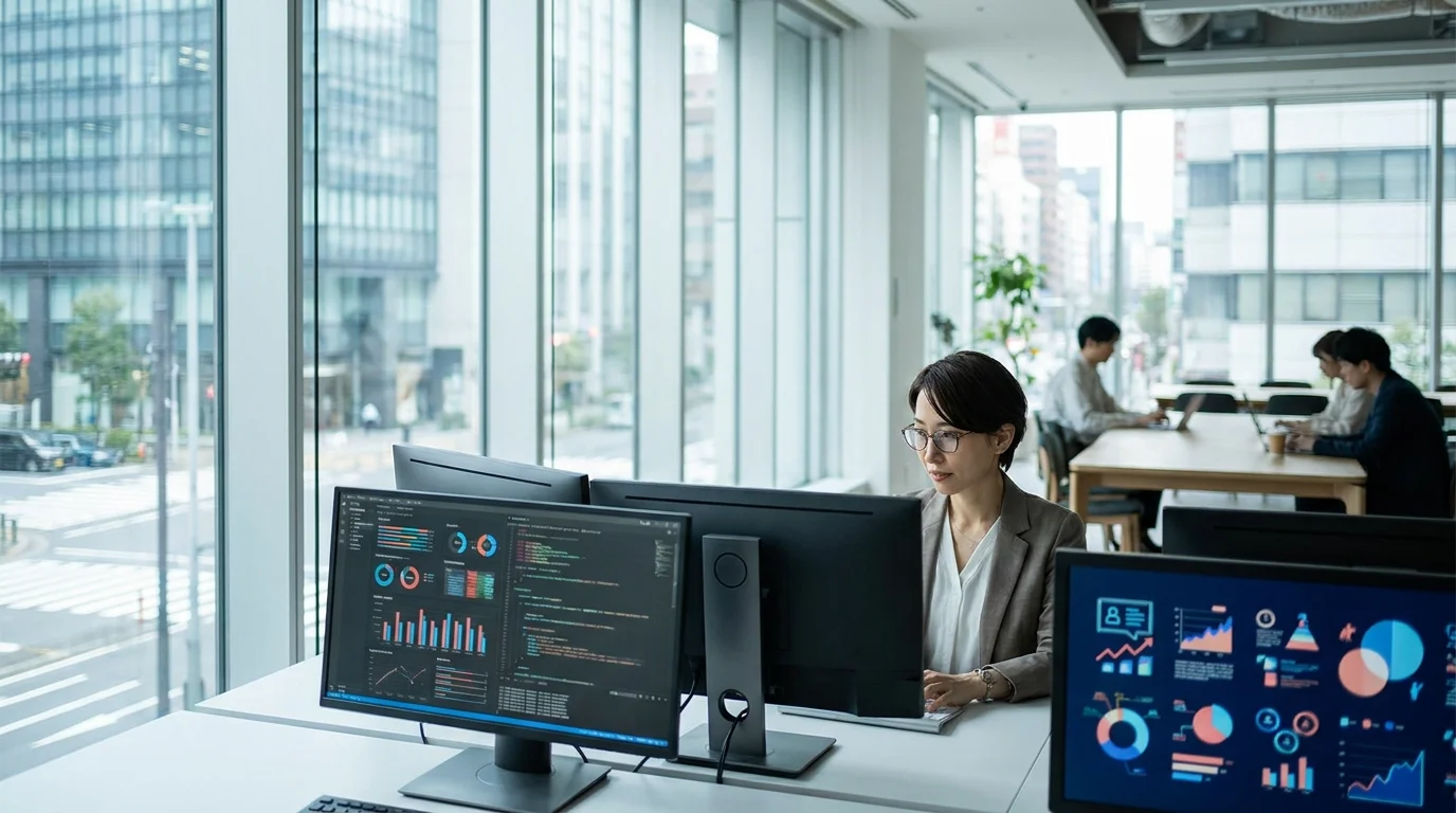 Technical visualization of a Japanese data scientist analyzing string similarity scores and fuzzy matching clusters on a high-resolution display, optimizing the fraud detection threshold for corporate expense management.