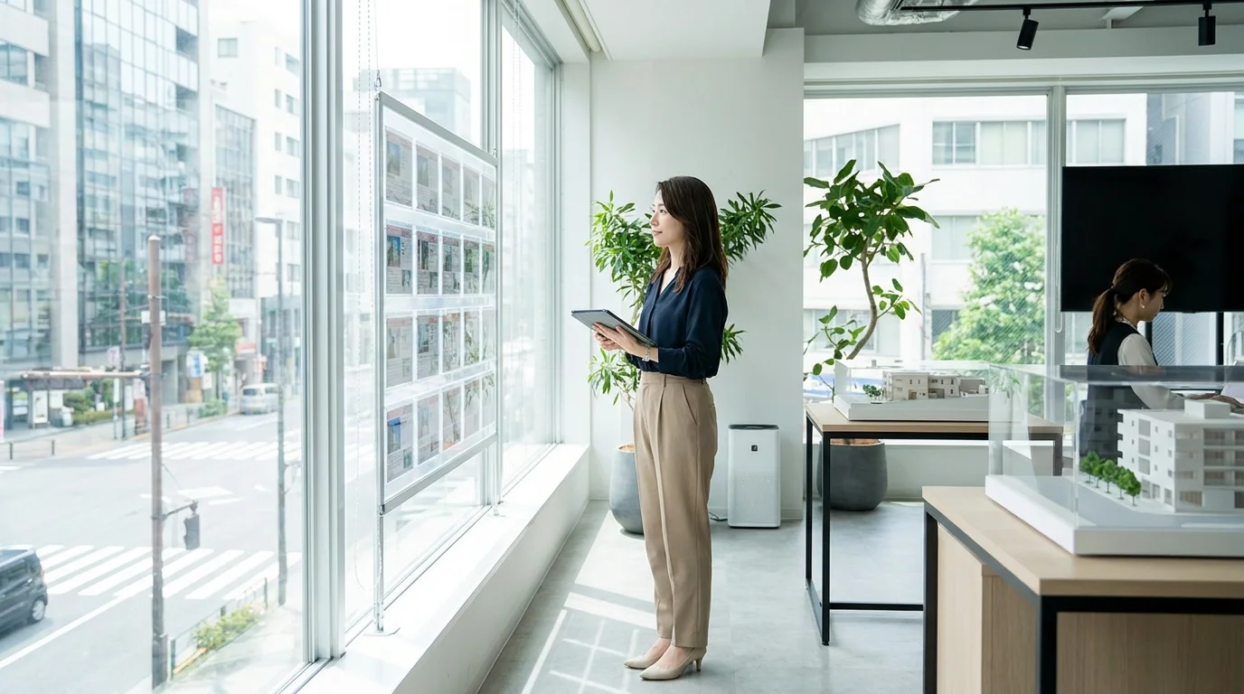 A Japanese data analyst in a modern Tokyo office, focusing on a multi-screen dashboard displaying real-time heatmaps of property inquiries and complex data clusters, illustrating the process of synthesizing zero-party data for real estate insights.
