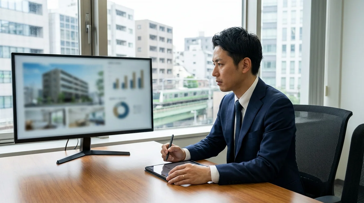 A Japanese executive presenting a strategic roadmap for AI integration to a team of Japanese professionals. The screen shows a circular model of continuous data feedback loops, emphasizing the long-term value of zero-party data in the real estate sector.