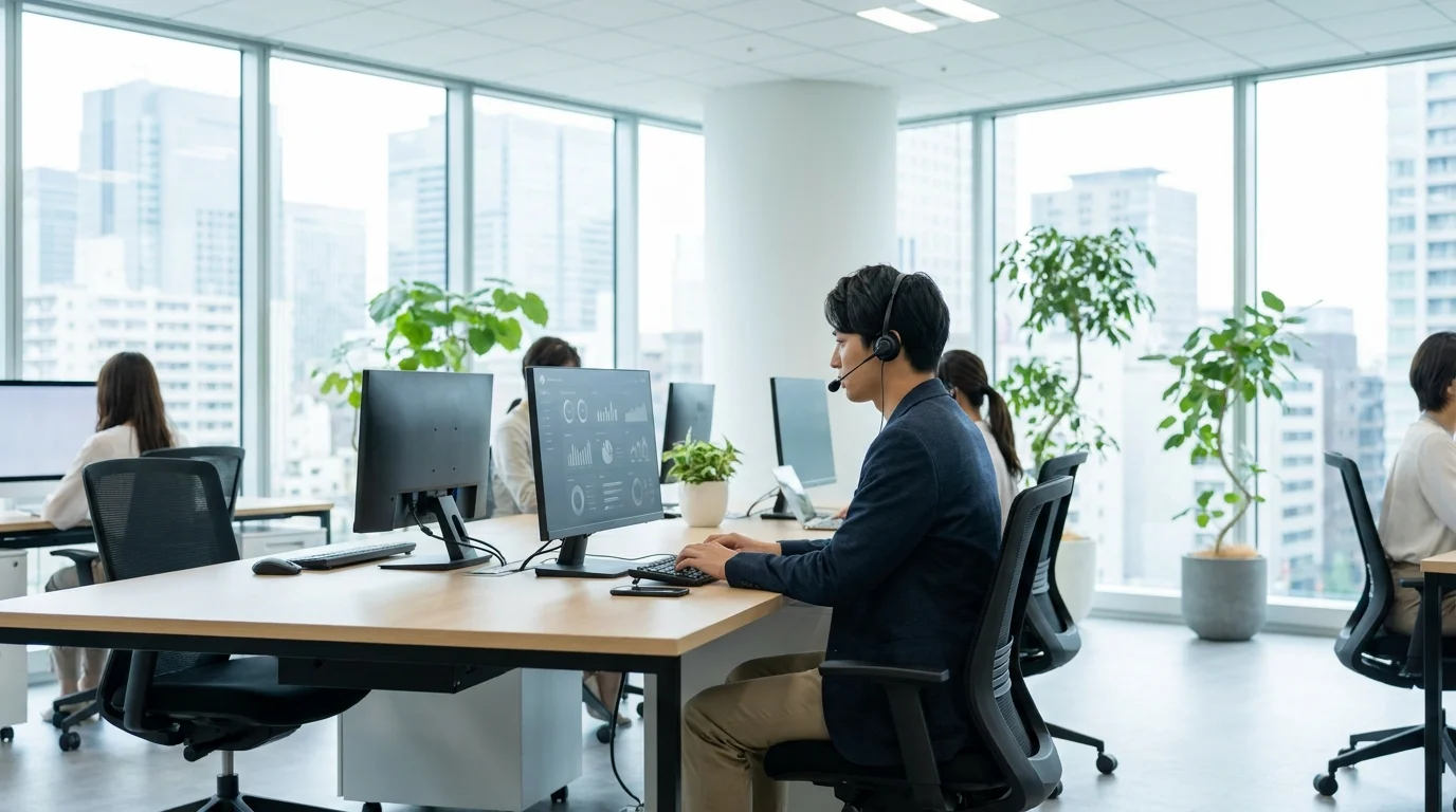 Three Japanese data analysts working in a modern Tokyo office, looking at a large wall-mounted screen displaying real-time cluster analysis results. The Japanese professionals are discussing the semantic relationships between different customer feedback nodes.