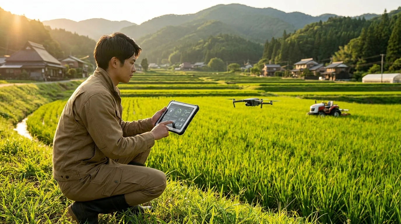 A Japanese data analyst in professional business casual attire working in a clean, modern Tokyo office, analyzing complex agricultural data charts and AI prediction models on multiple large monitors.