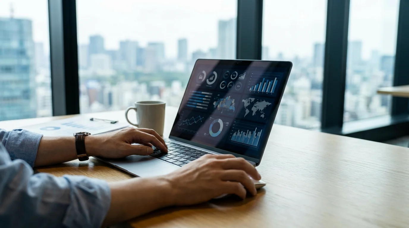 A detailed close-up of a Japanese data analyst's hands reviewing a compliance report and complex spreadsheets on a laptop. The screen shows a risk assessment matrix with color-coded levels, focusing on operational excellence in a modern Tokyo office environment.