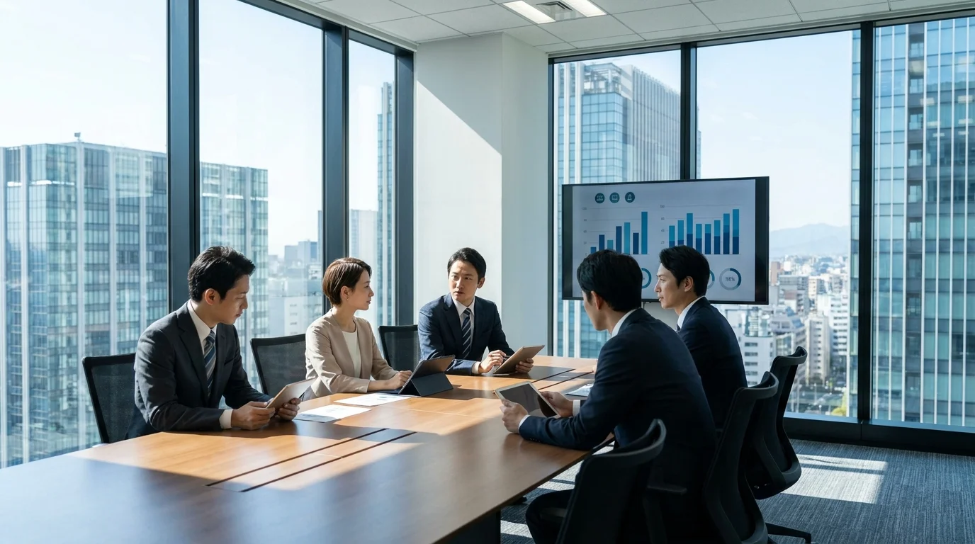 Three Japanese executives in business attire are engaged in a strategic meeting in a bright, modern conference room in Minato-ku, Tokyo. They are looking at a whiteboard with a logic tree for risk mitigation and growth strategies, emphasizing professional collaboration.