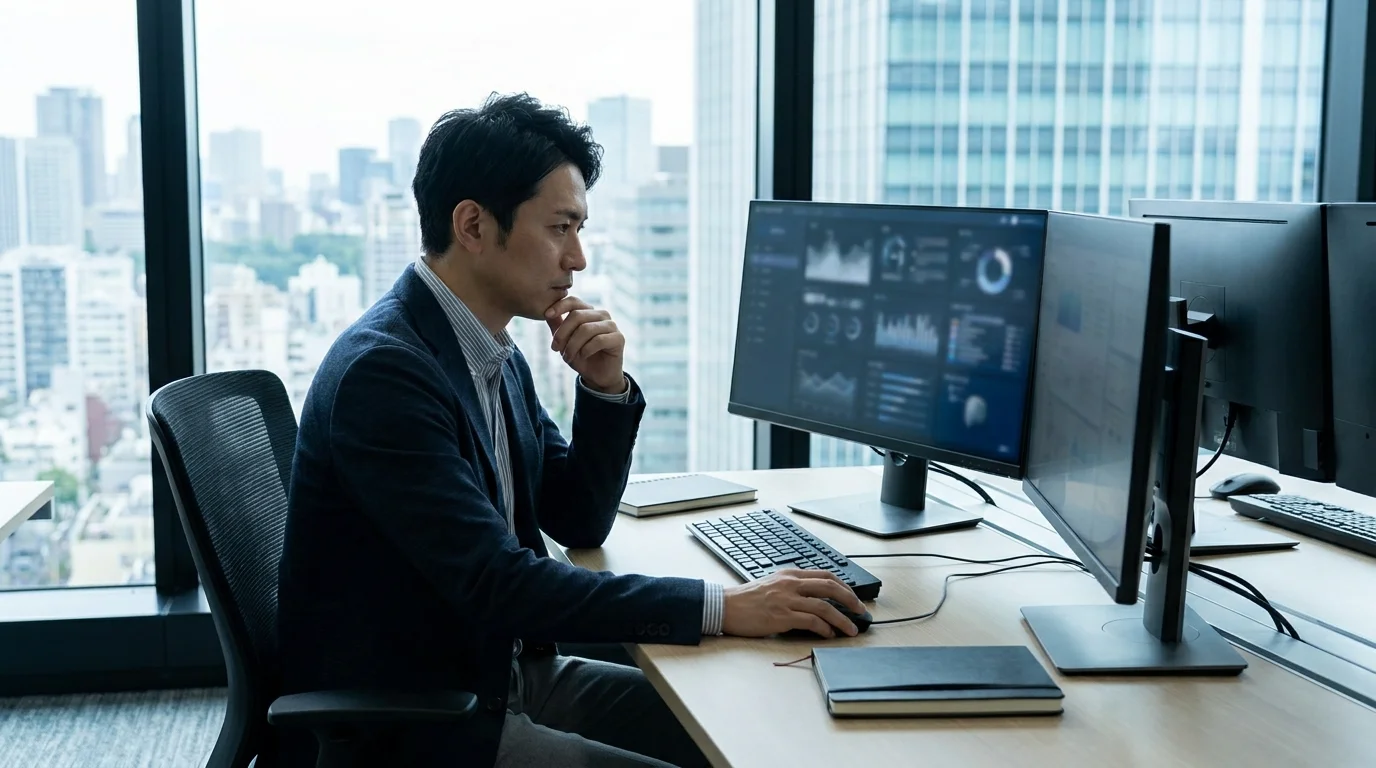 A high-tech digital workspace in a Japanese corporate office featuring multiple monitor screens displaying data visualizations, structured text layouts for press releases, and glowing neural network patterns symbolizing artificial intelligence.