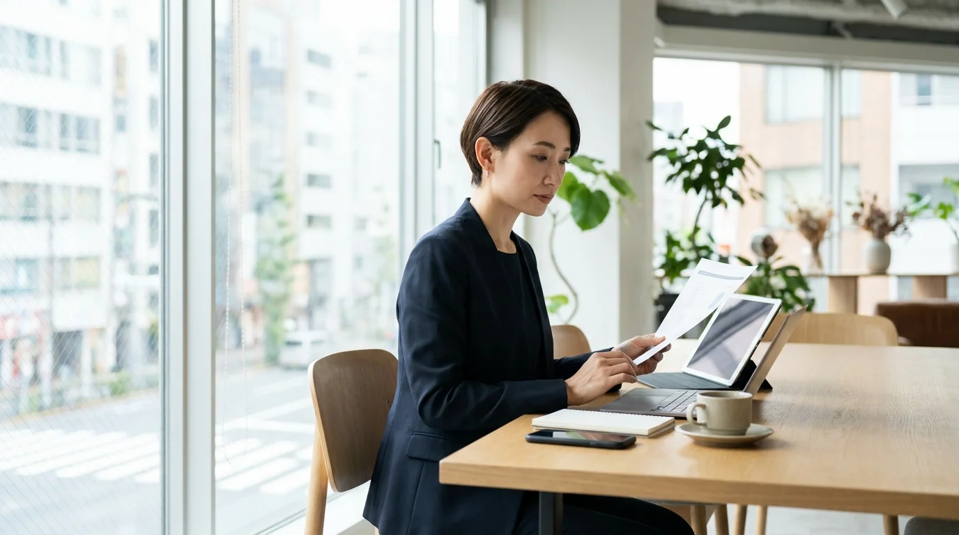 A sophisticated Japanese data analyst working in a modern Tokyo office, focusing on a large touch-screen monitor that displays complex prompt engineering structures and natural language processing workflows for automated content generation.