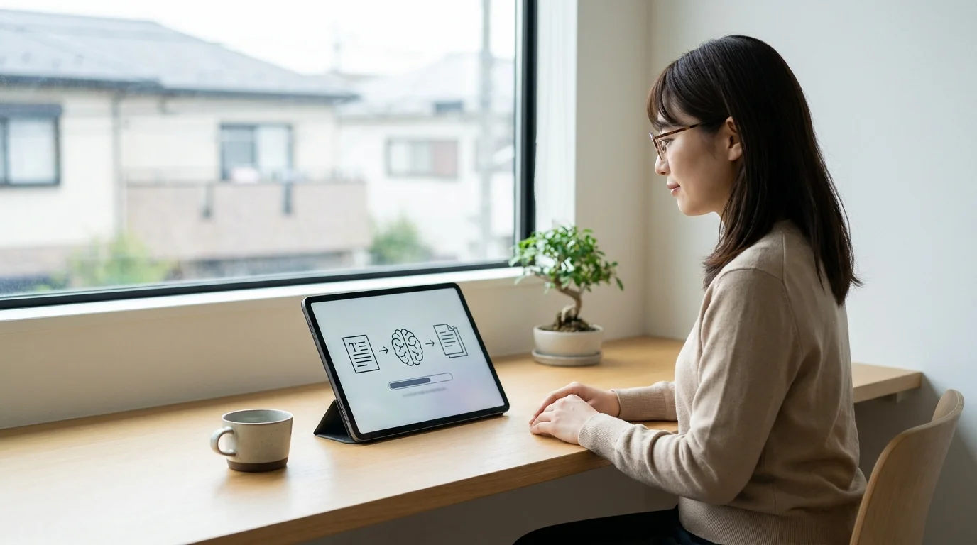 A clean, minimalist workspace featuring a tablet computer that displays a perfectly organized MECE logic tree for a corporate communications strategy, surrounded by Japanese business documents and a cup of green tea.