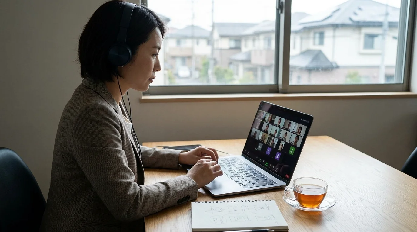 Japanese executives in a Tokyo office looking at a large screen displaying real-time AI-generated meeting summaries and data analytics charts, focused on strategic decision-making.