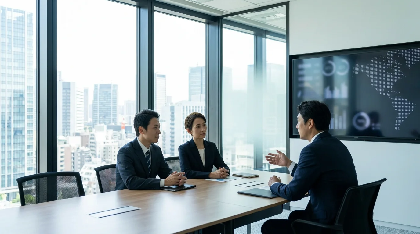 A group of Japanese accounting professionals in a modern Tokyo office, looking at a large wall-mounted monitor displaying real-time financial automation metrics and efficiency charts, smiling at the results.