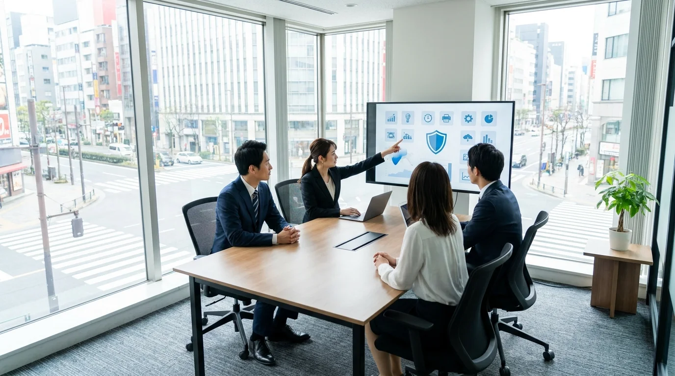 Japanese data analysts working in a modern Tokyo office, reviewing real-time customer support analytics on large digital dashboards showing a significant decrease in average handling time and an increase in customer satisfaction scores.
