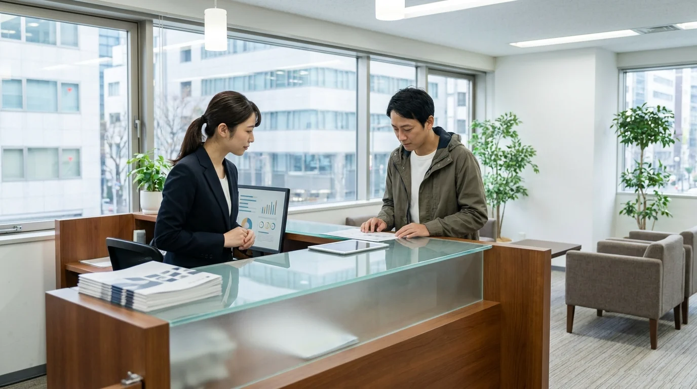 Two Japanese male executives in business suits are discussing a property management strategy in a high-rise office in Tokyo. They are looking at a tablet showing real-time performance metrics and AI implementation ROI charts.
