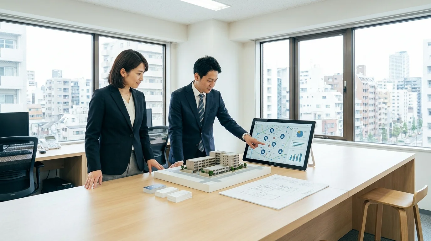 A professional workspace in a Japanese real estate office featuring a digital tablet showing an AI-generated property layout, surrounded by clean architectural plans, representing the shift from manual work to digital efficiency.