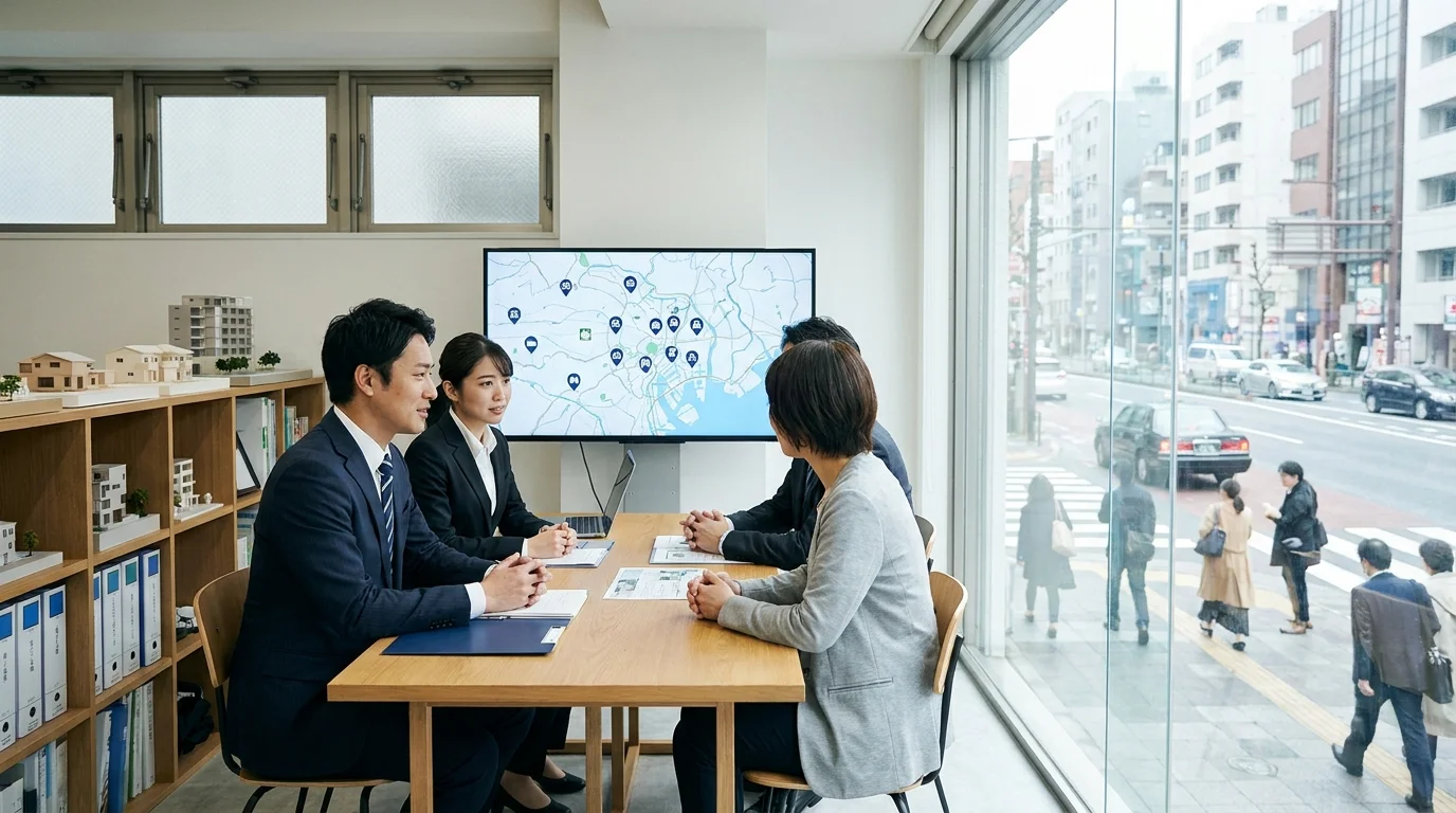 A high-tech dashboard in a Japanese corporate setting displaying real-time data analytics, property market trends, and efficiency charts, symbolizing the operational excellence achieved through AI integration.
