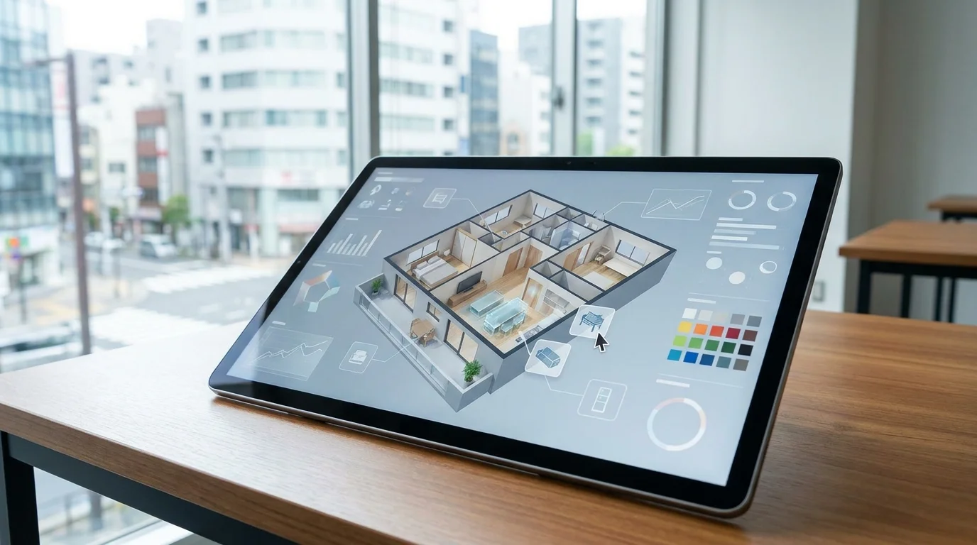 A high-tech digital dashboard showing a 3D floor plan of a modern Japanese apartment being populated with virtual furniture by a generative AI system. The interface displays data metrics such as ROI and processing time in Japanese. No brand names or logos.