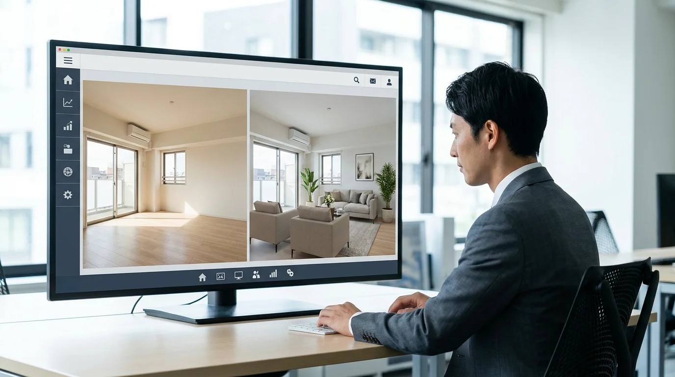 A side-by-side comparison of a Japanese apartment interior. The left side shows a bleak empty room with neutral tones. The right side shows the same room transformed by AI with modern Japanese-style minimalist furniture, a low table, a stylish rug, and soft interior lighting, creating a warm atmosphere.