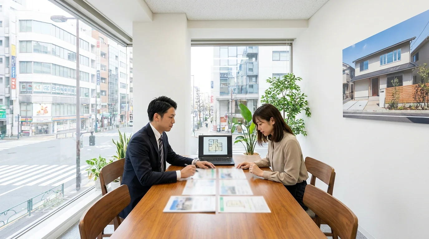 A professional Japanese male real estate consultant in a Tokyo office, looking at a large screen displaying comparative data charts of occupancy rates and AI implementation ROI. The office environment is bright and modern with high-rise buildings visible through the window.