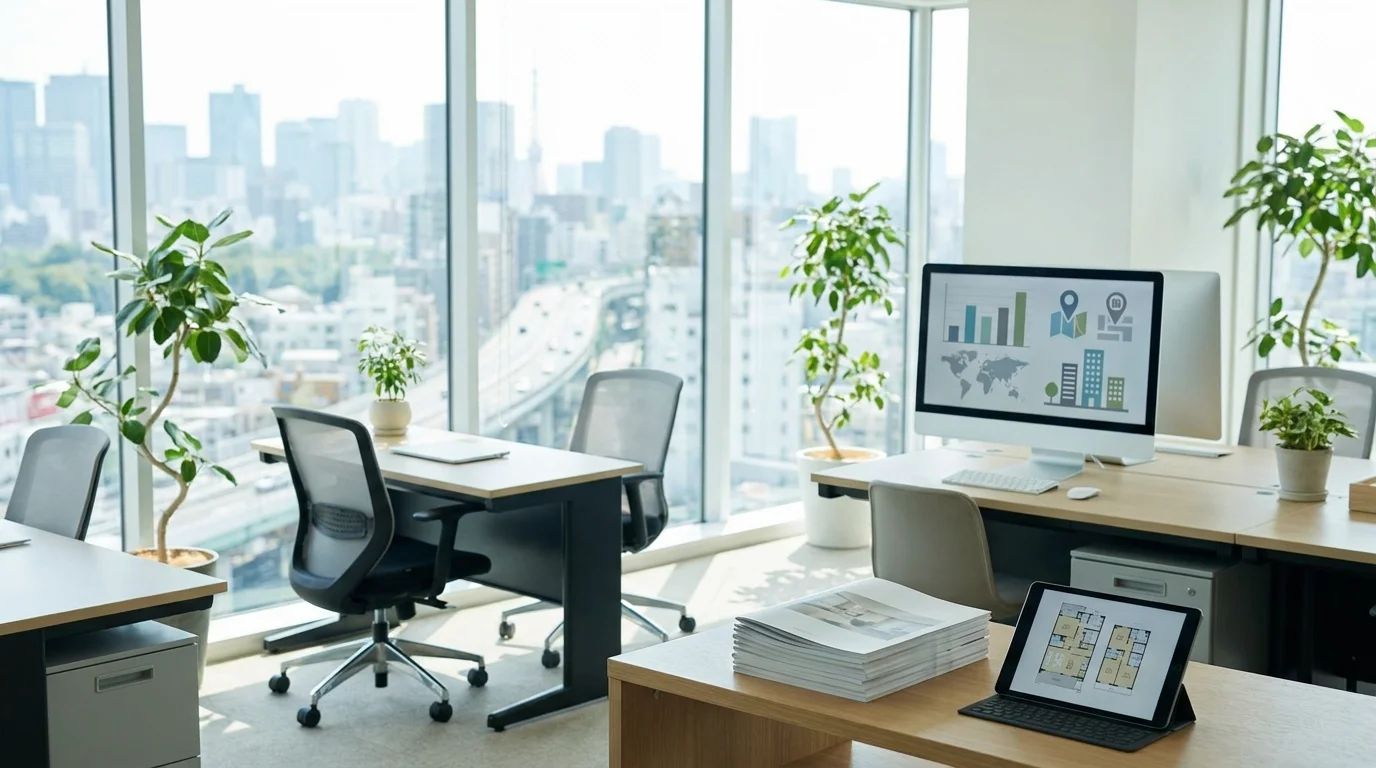 A professional Japanese male employee in a Tokyo real estate office using a tablet to confirm property availability through an AI-integrated management system.