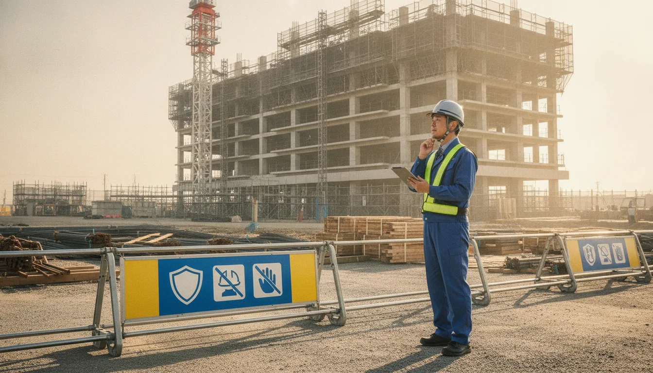 A Japanese site manager holding a rugged tablet showing a translated safety checklist to a group of staff. The background features a clean, organized Japanese construction site with safety signage in multiple languages, reflecting high operational excellence.