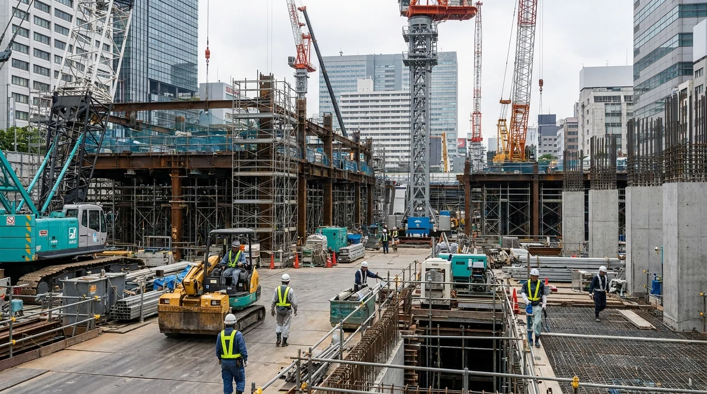 A Japanese site manager in a white helmet and professional workwear, using a voice-activated AI device on a busy construction site. The background shows structural cranes and steel work, focusing on the calm interaction between the professional and the mobile AI interface.