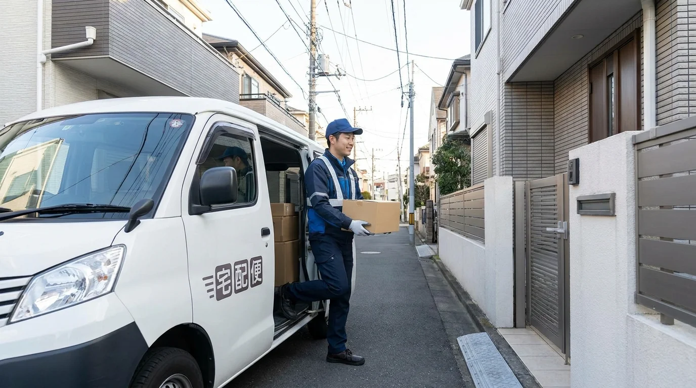 A Japanese data analyst in a modern logistics center pointing at a large transparent screen displaying real-time truck GPS data and warehouse inventory levels, surrounded by clean architectural lines.