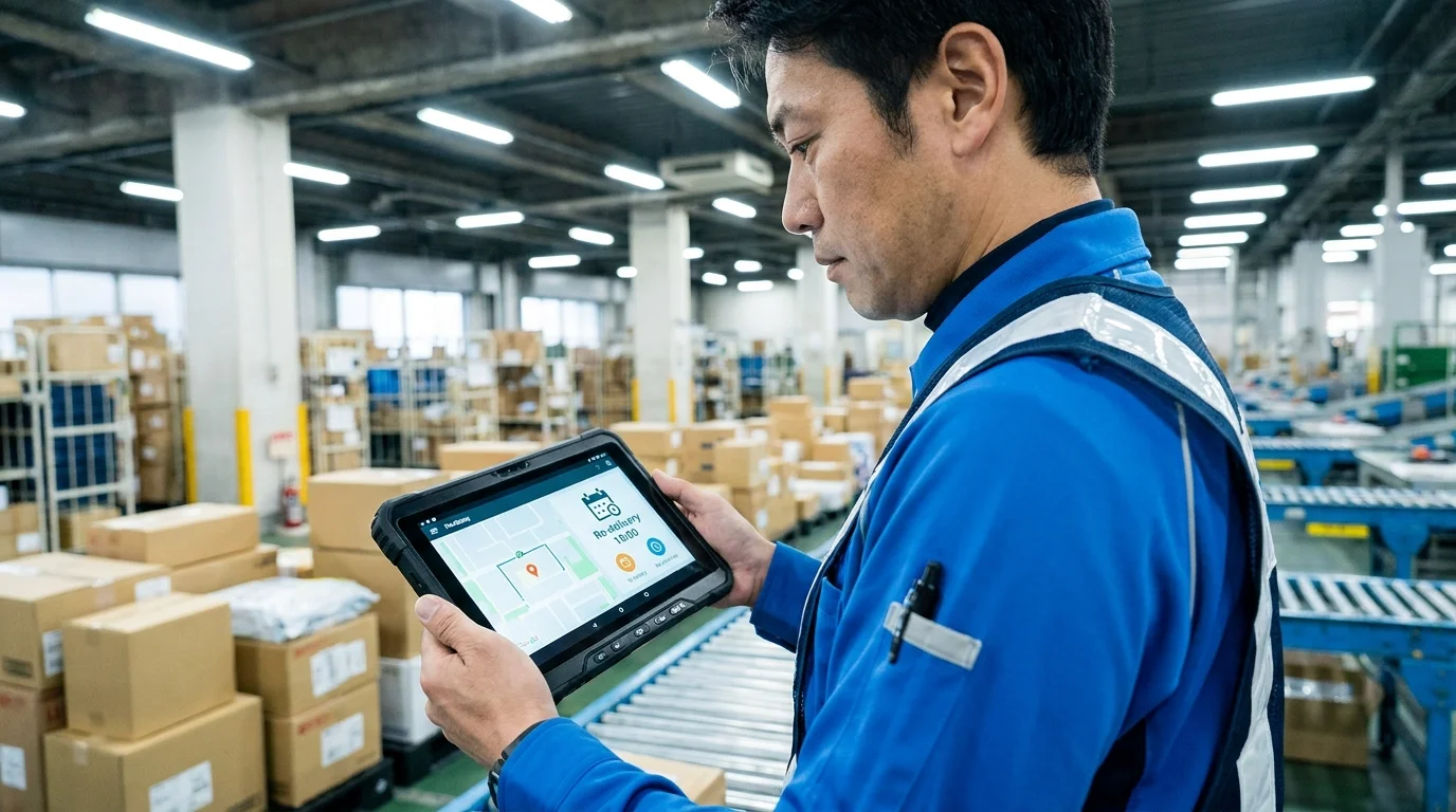 A professional data visualization on a tablet screen showing real-time delivery logistics and AI response statistics. The tablet is held by a Japanese logistics manager wearing a neat navy business suit, standing in a bright, modern office in Tokyo with a view of the city skyline.