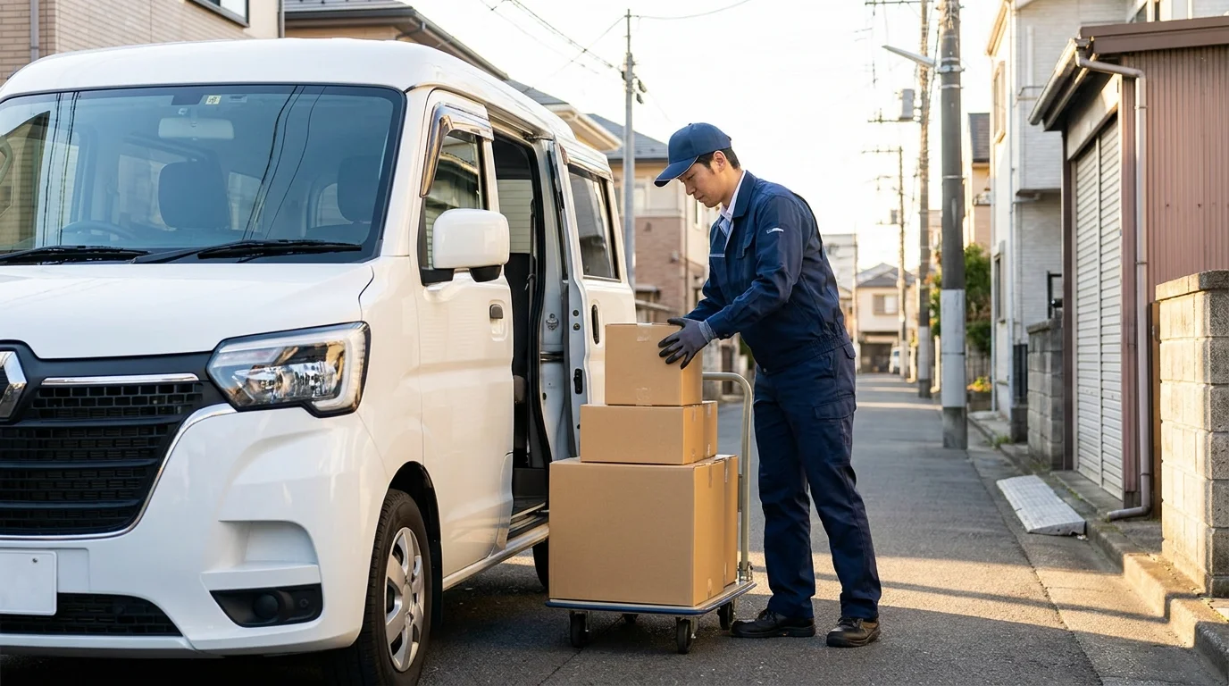 A calm Japanese delivery driver focuses on the road through the windshield of a modern, clean delivery vehicle. The driver is wearing a professional Japanese logistics uniform. No digital distractions are present, emphasizing the safety and focus enabled by hands-free AI voice systems.